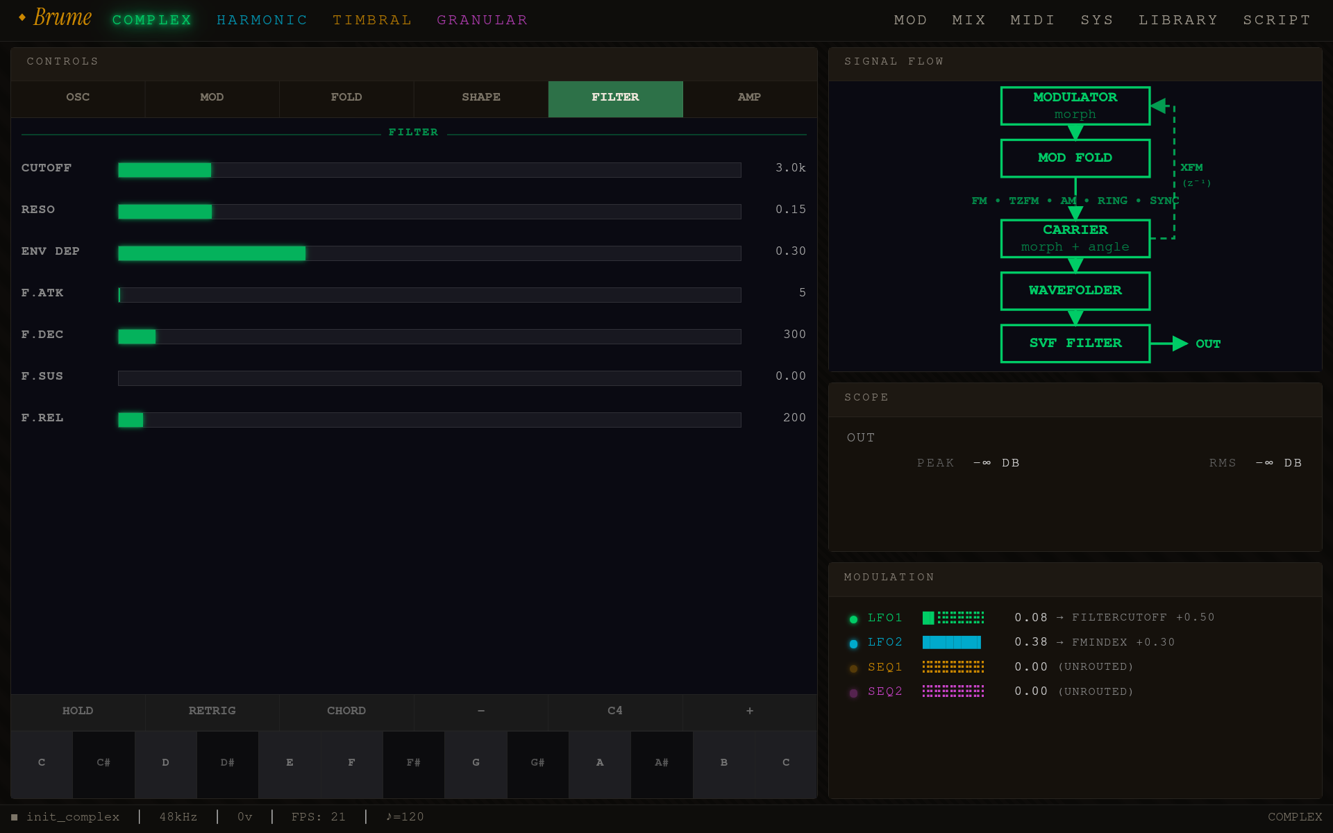 Brume Complex engine synth page — oscillator parameters, signal flow window, and modulation panel