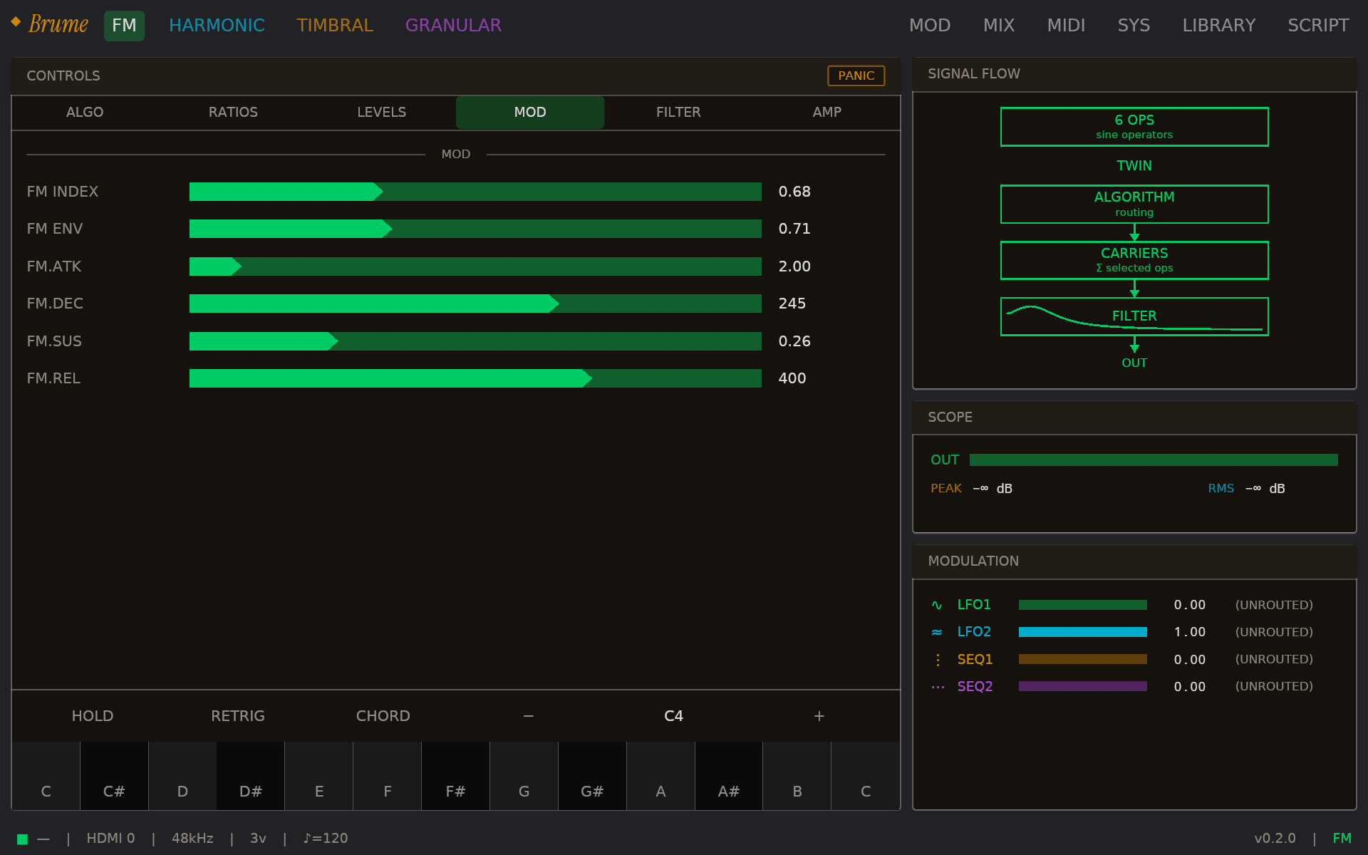 Brume FM engine page on the MOD sub-tab: FM index plus per-voice index envelope sliders on the left, SIGNAL FLOW diagram on the right showing six sine operators routed through the active algorithm topology, summed carriers, filter, and output. SCOPE meter and MODULATION panel below.