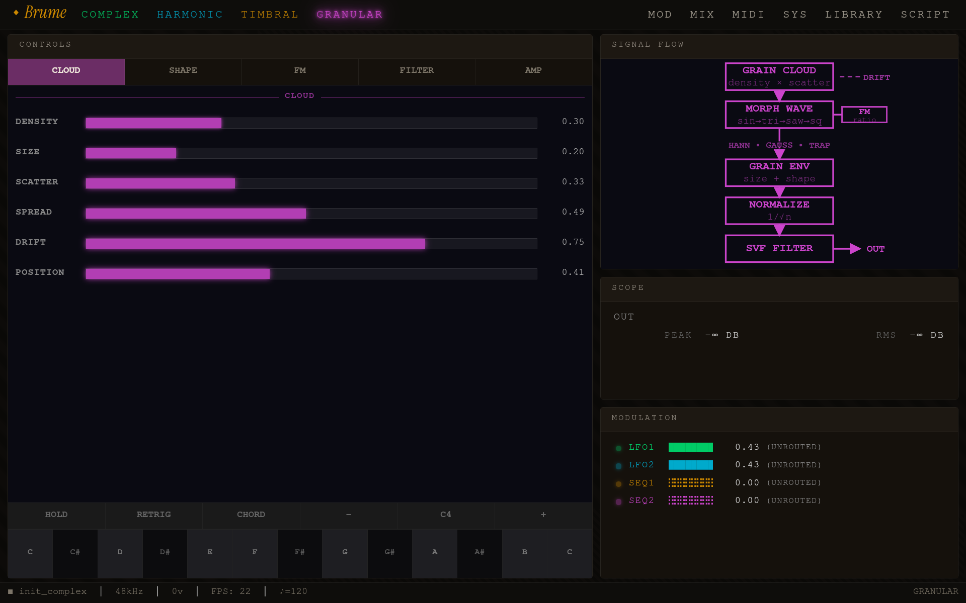 Brume Granular engine synth page — GRAIN CLOUD with density/scatter, MORPH WAVE with FM sidecar, HANN/GAUSS/TRAP envelope shapes, NORMALIZE 1/√n, SVF filter; magenta signal-flow topology