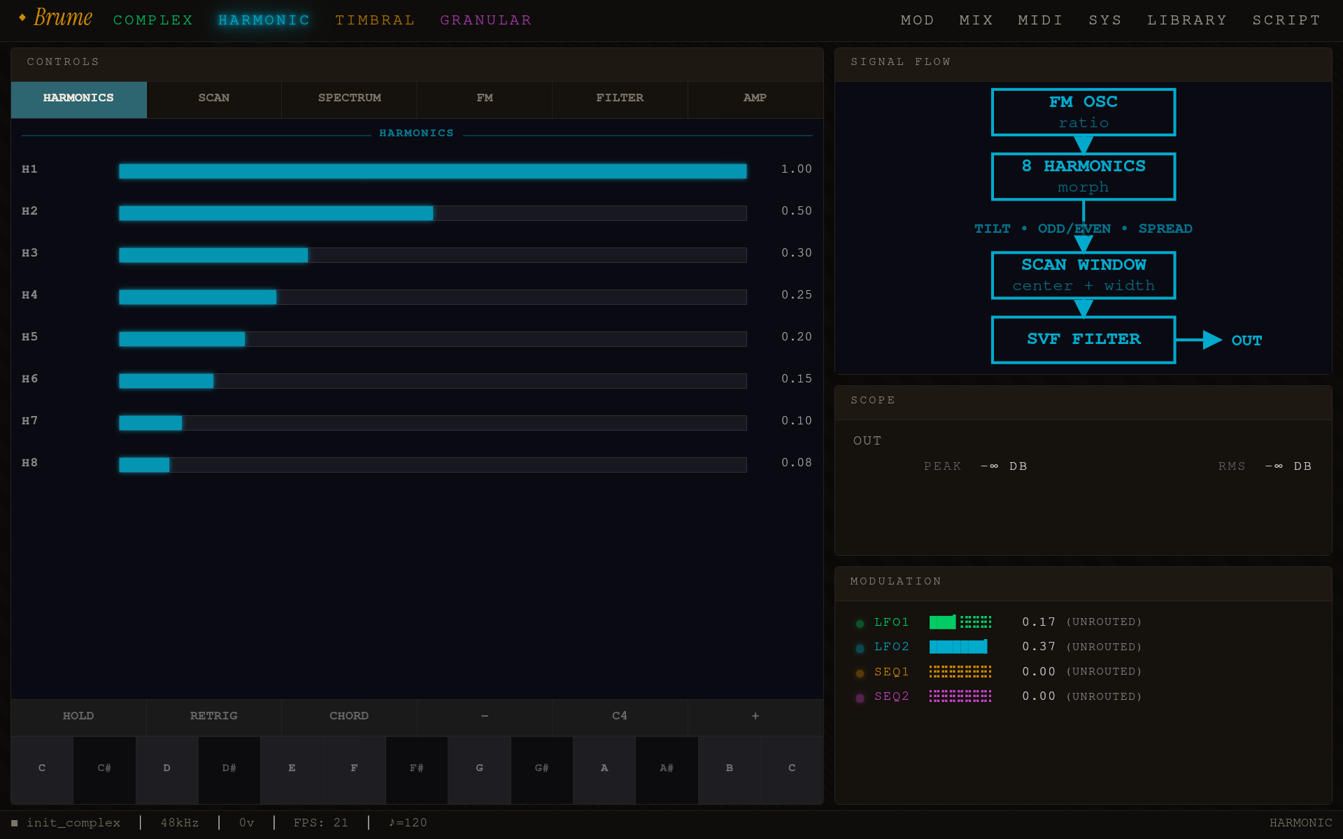 Brume Harmonic engine synth page — eight harmonic-level sliders, cyan signal-flow topology with FM OSC → 8 HARMONICS → SCAN WINDOW → SVF FILTER