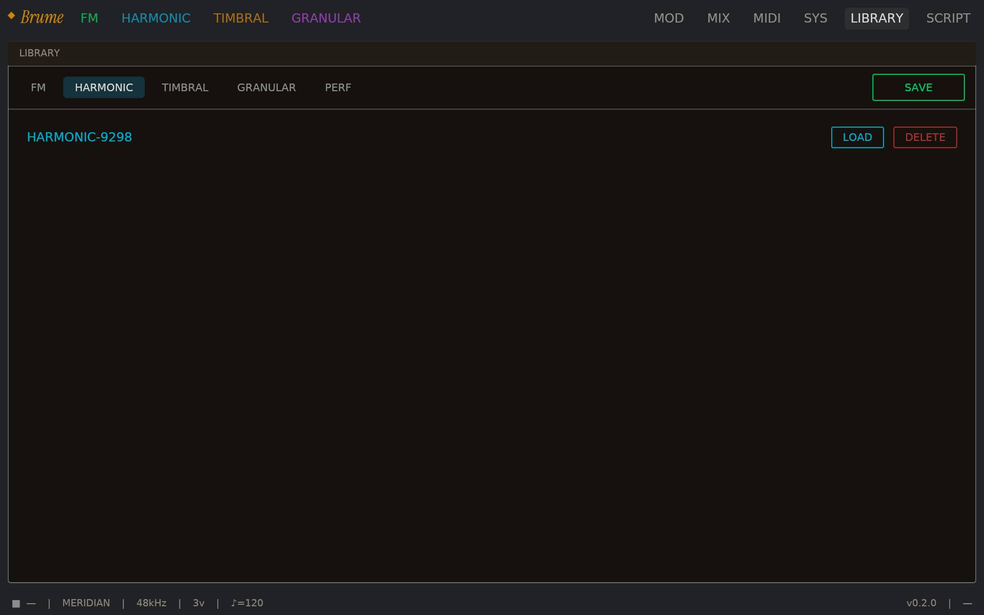 LIBRARY page on the HARMONIC tab: five mode sub-tabs at the top (FM, HARMONIC, TIMBRAL, GRANULAR, PERF) and a SAVE button on the right. A single saved patch row shows the patch name (HARMONIC-9298) with LOAD and DELETE buttons.
