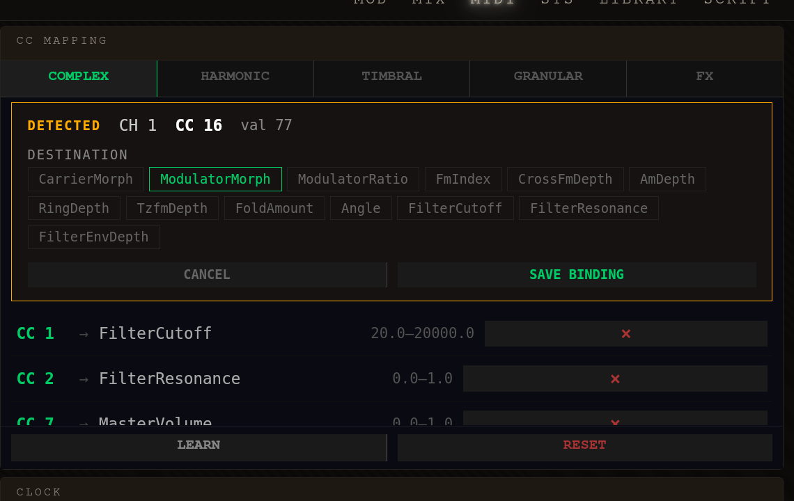 MIDI Learn — DETECTED state. An amber-framed card shows 'DETECTED · CH 1 · CC 16 · val 77' with a DESTINATION grid of parameter names below (ModulatorMorph highlighted). CANCEL and SAVE BINDING buttons at the bottom.