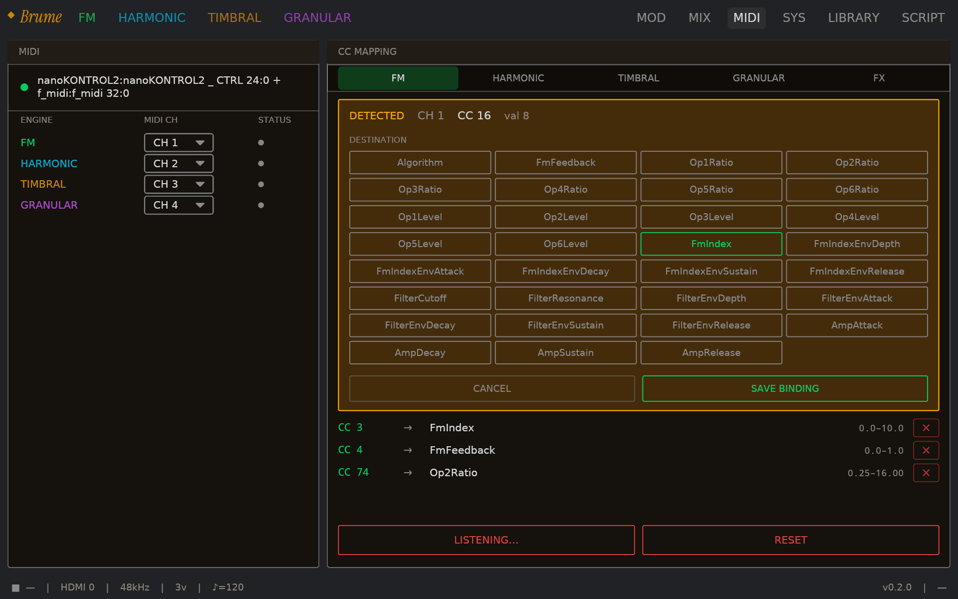 MIDI Learn DETECTED state. The amber-framed card at the top of CC MAPPING shows 'DETECTED · CH 1 · CC 16 · val 8' with a DESTINATION grid of parameter names below (FmIndex highlighted). CANCEL and SAVE BINDING buttons at the bottom of the card; existing CC bindings are still listed underneath.