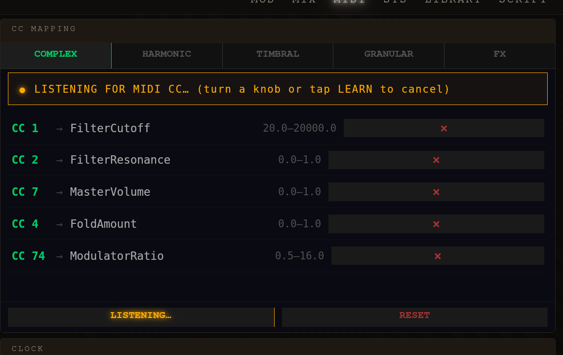 MIDI Learn — LISTENING state. An amber banner reads 'LISTENING FOR MIDI CC… (turn a knob or tap LEARN to cancel)'. The LISTENING… button at the bottom glows amber; RESET sits next to it.