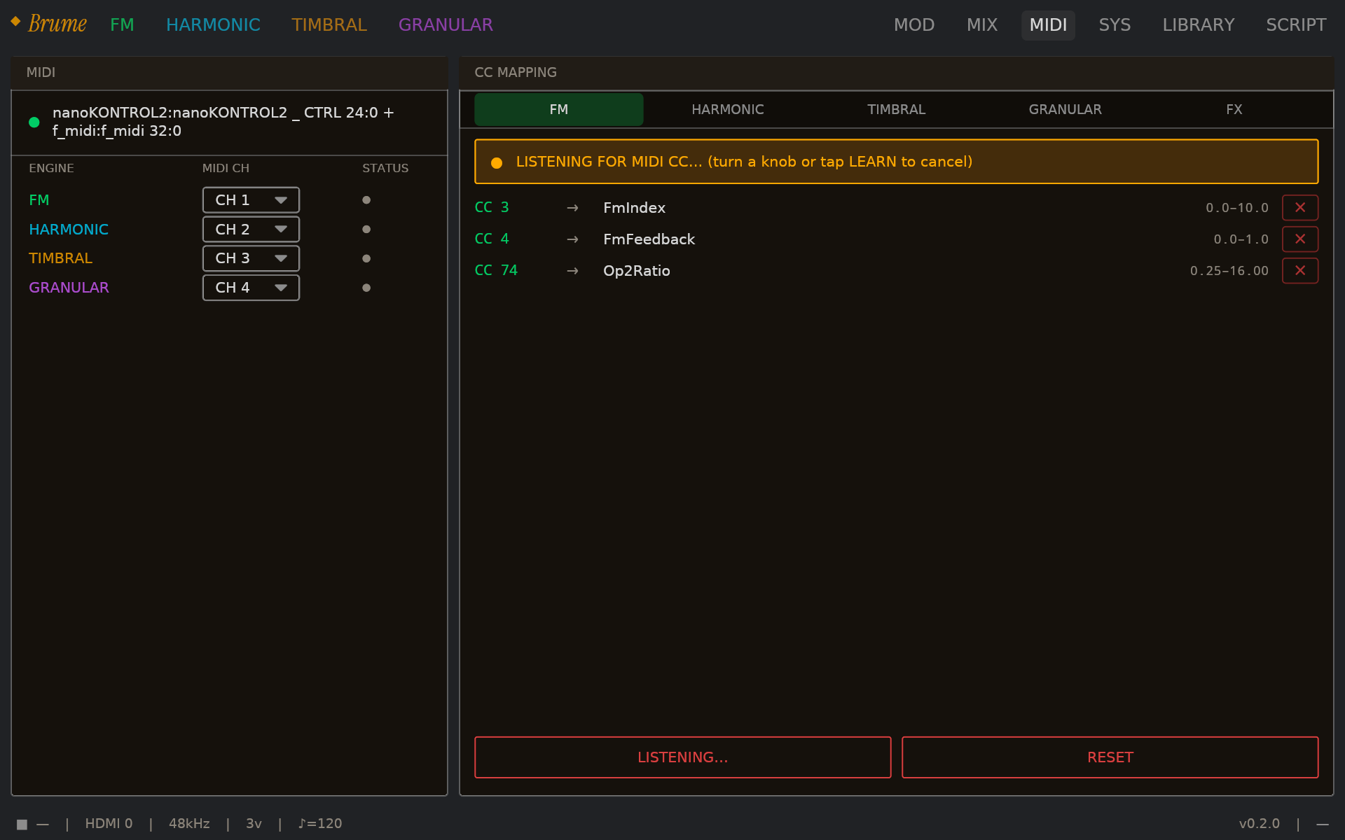 MIDI Learn LISTENING state. An amber banner at the top of the CC MAPPING list reads 'LISTENING FOR MIDI CC… (turn a knob or tap LEARN to cancel)'. The LEARN button at the bottom now glows amber and reads 'LISTENING…'; RESET sits next to it. Channel routing on the left is unchanged.