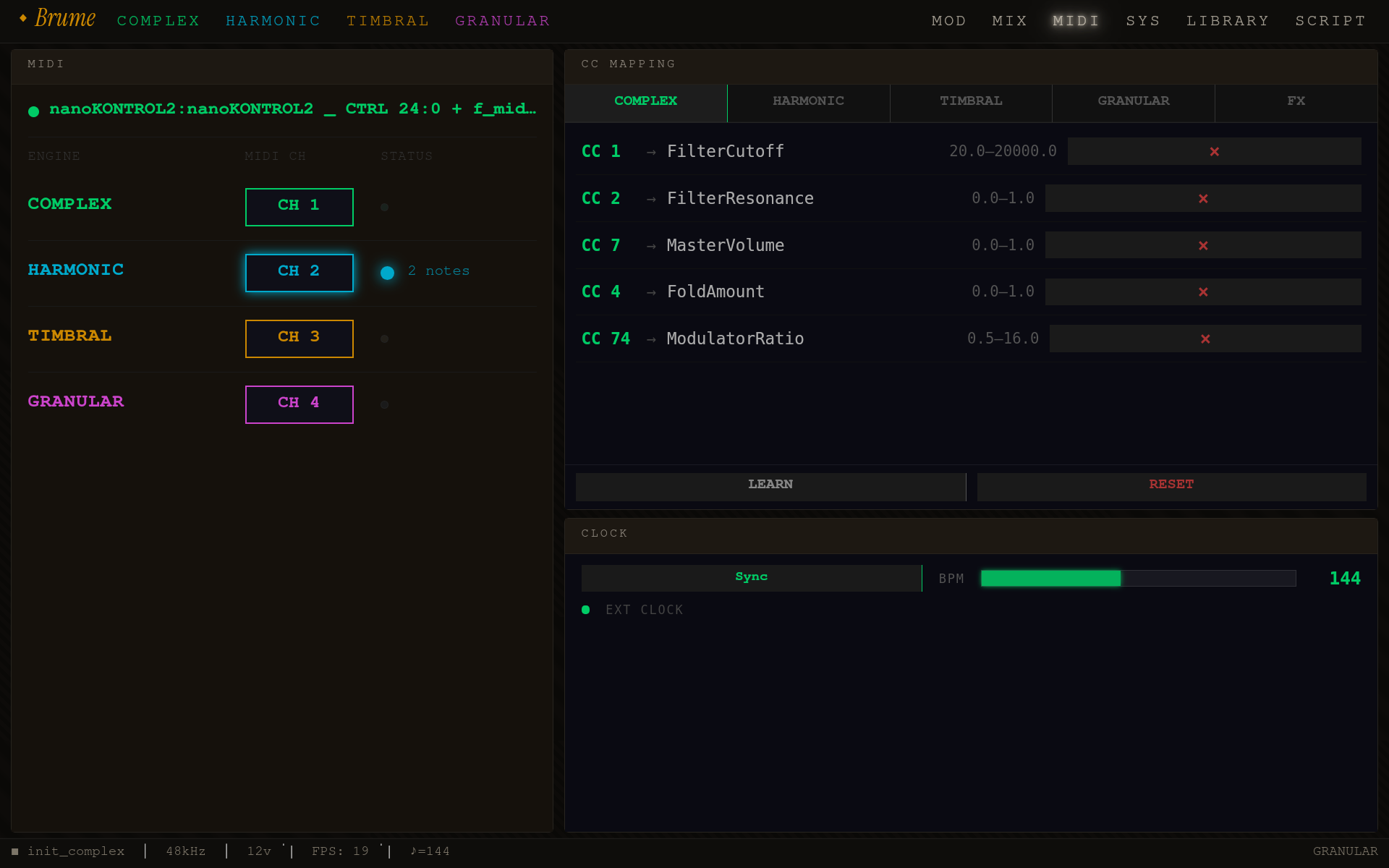 MIDI page — channel routing, CC mapping with the LEARN inline-capture card, and clock controls