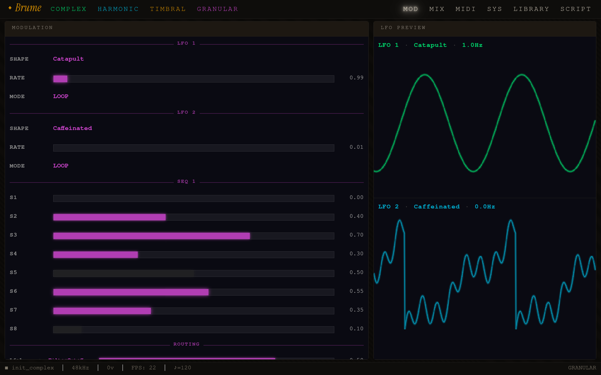 Brume Modulation page — two LFO panels, step sequencer, and assignment routing