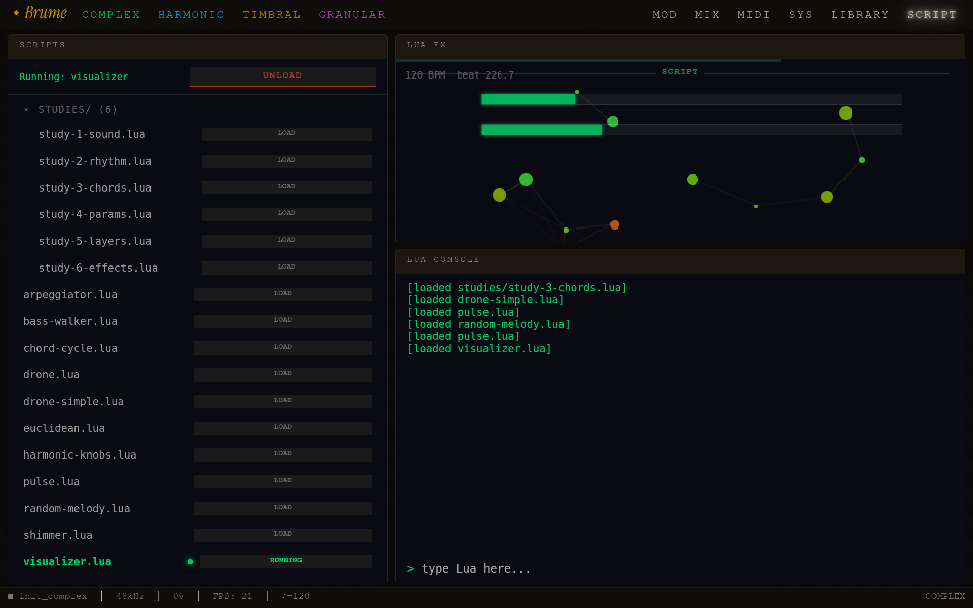 Brume Scripting page — folder tree browser, Lua FX parameters, and interactive console