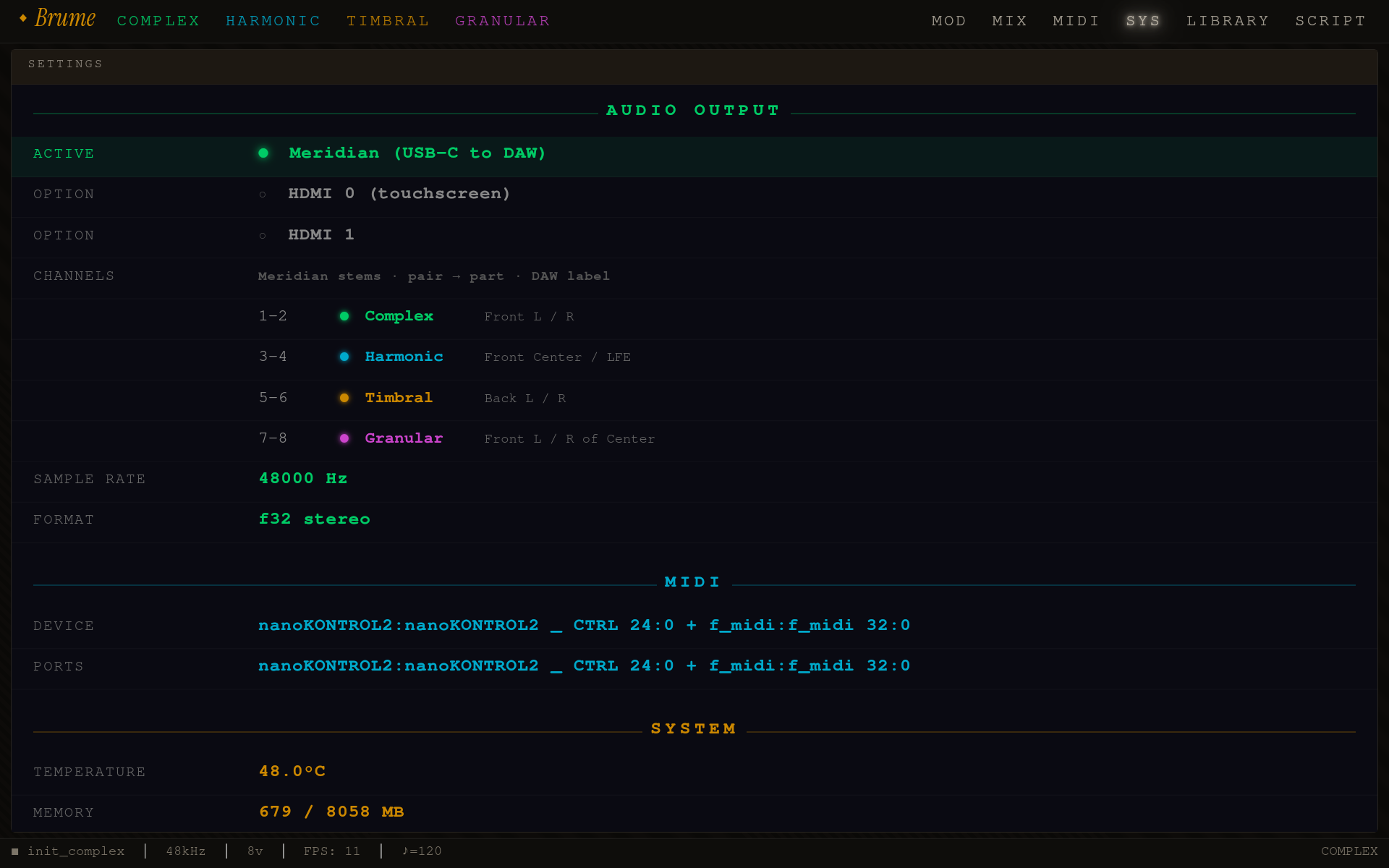 System page — audio output, channel mapping, MIDI, hardware diagnostics, and display info
