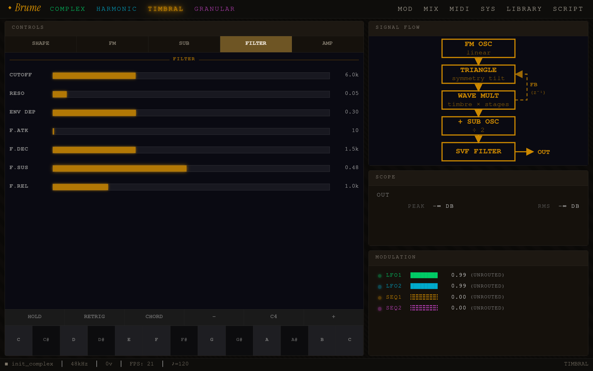 Brume Timbral engine synth page — FM OSC, TRIANGLE symmetry-tilt, WAVE MULT with feedback loop, SUB OSC ÷2, SVF filter; amber signal-flow topology